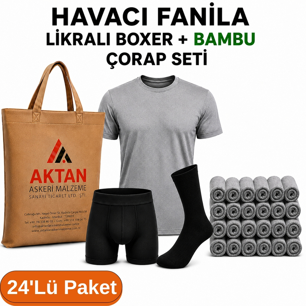 24’lü%20Paket%20Havacı%20Asker%20İç%20Giyim%20Seti%20Gri%20Füme%20Fanila%20Siyah%20Likralı%20Boxer%20Bambu%20Çorap