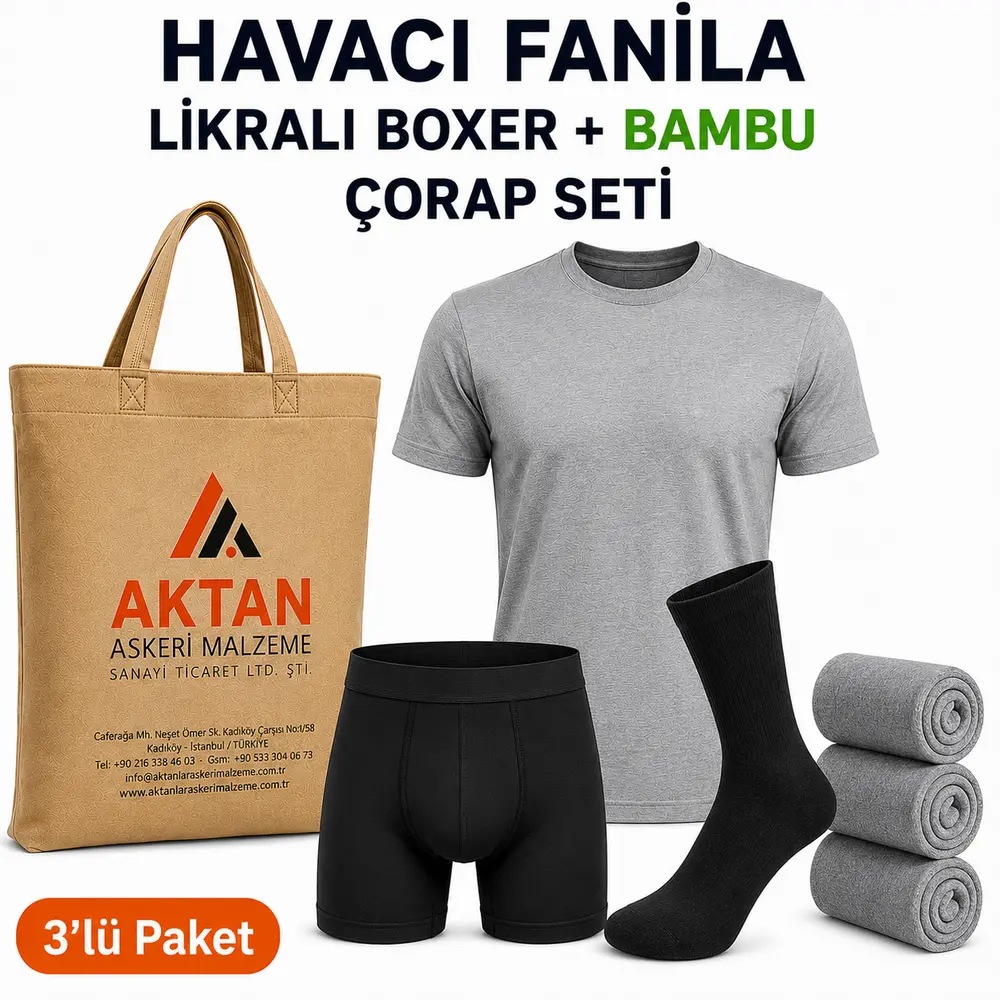 3’lü%20Paket%20Havacı%20Asker%20İç%20Giyim%20Seti%20Gri%20Füme%20Fanila%20Siyah%20Likralı%20Boxer%20Bambu%20Çorap