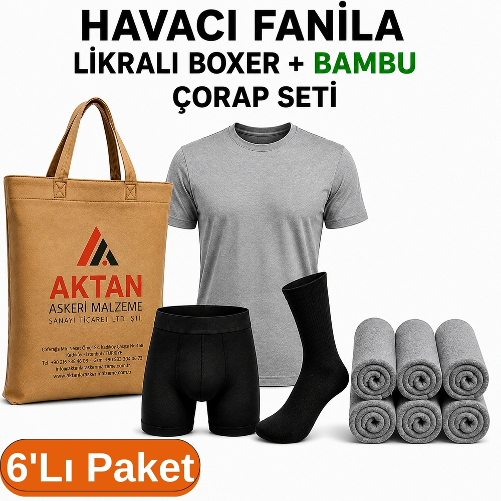 6’lı%20Paket%20Havacı%20Asker%20İç%20Giyim%20Seti%20Gri%20Füme%20Fanila%20Siyah%20Likralı%20Boxer%20Bambu%20Çorap