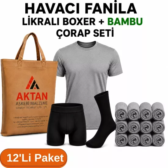 12’li Paket Havacı Asker İç Giyim Seti | Likralı Boxer Bambu Çorap