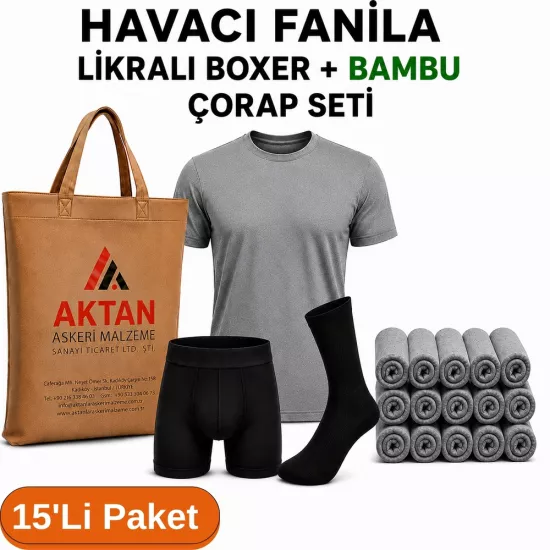 15’li Paket Havacı Asker İç Giyim Seti | Likralı Boxer Bambu Çorap