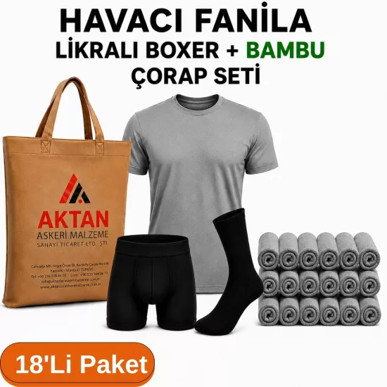 18’li Paket Havacı Asker İç Giyim Seti | Likralı Boxer Bambu Çorap