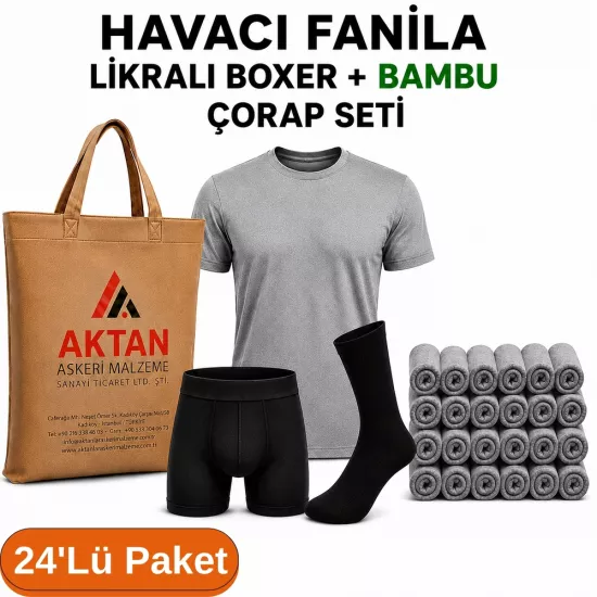 24’lü Paket Havacı Asker İç Giyim Seti | Likralı Boxer Bambu Çorap