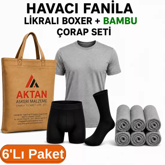 6’lı Paket Havacı Asker İç Giyim Seti | Likralı Boxer Bambu Çorap