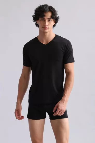 Mısırlı Siyah Erkek Fanila | %100 Organik Koton V Yaka Slim Fit T-Shirt