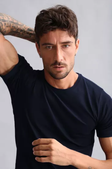 Mısırlı Lacivert Erkek Fanila | %100 Organik Koton Slim Fit Bisiklet Yaka T-Shirt