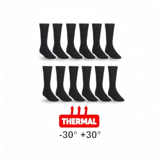 12’li Paket Siyah Topuksuz Thermal Çorap | Askeri ve Sivil Kullanım | -30/+30 Derece | 35-50 Numara